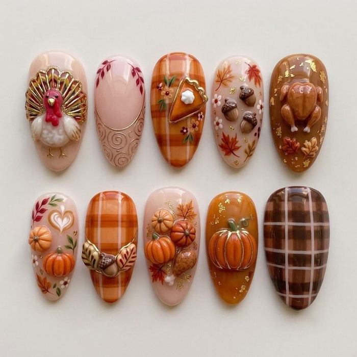 Thanksgiving Turkey, Pumpkin & Plaid Press On Nails