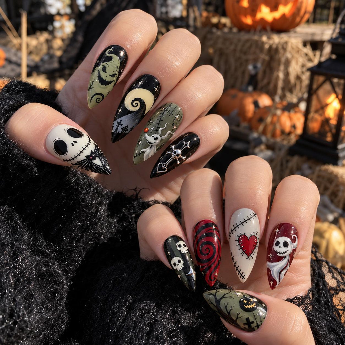 The Nightmare Before Christmas Gothic Halloween Nail Set with Skulls, Ghosts and Silver Spider Charm