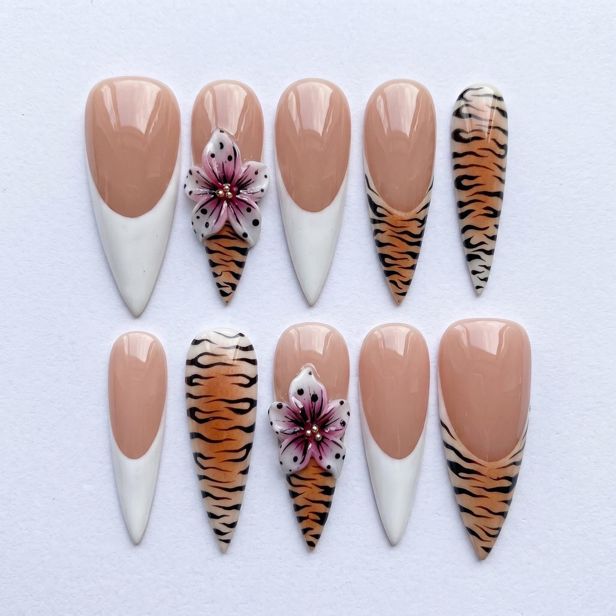Tiger Print French Tip Nails With 3D Pink Flowers