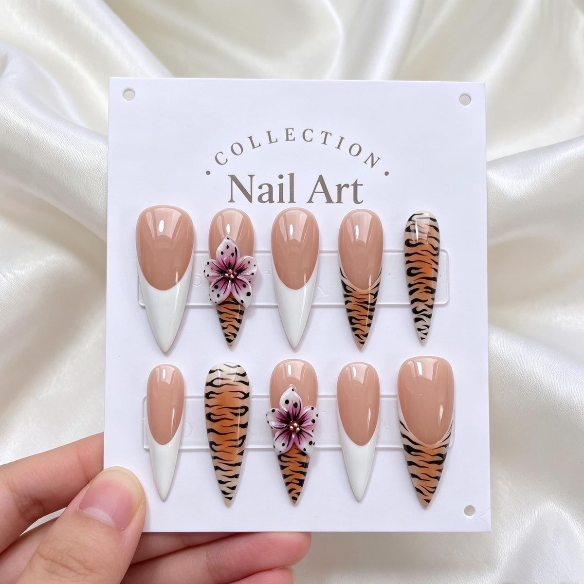 Tiger Print French Tip Nails With 3D Pink Flowers