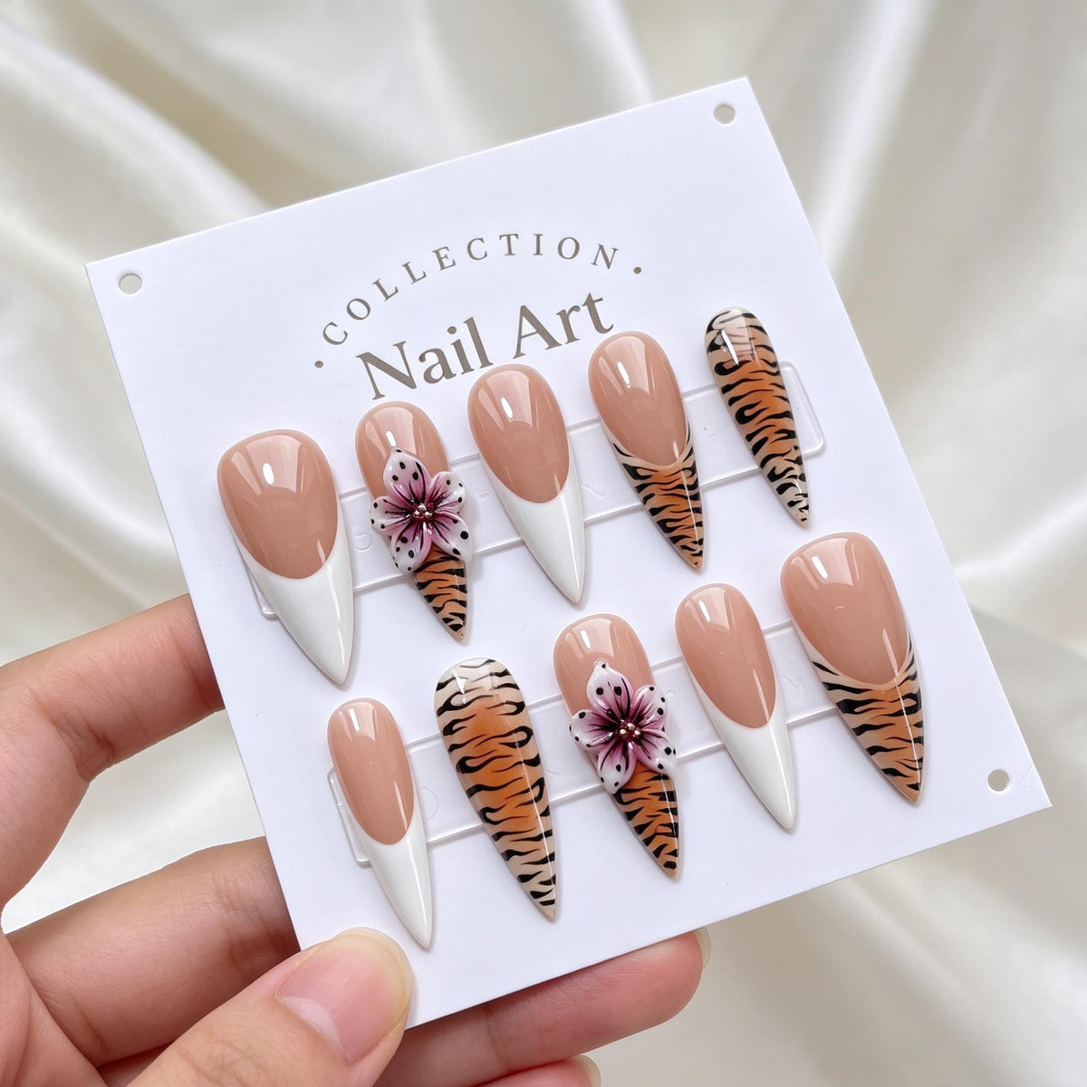 Tiger Print French Tip Nails With 3D Pink Flowers
