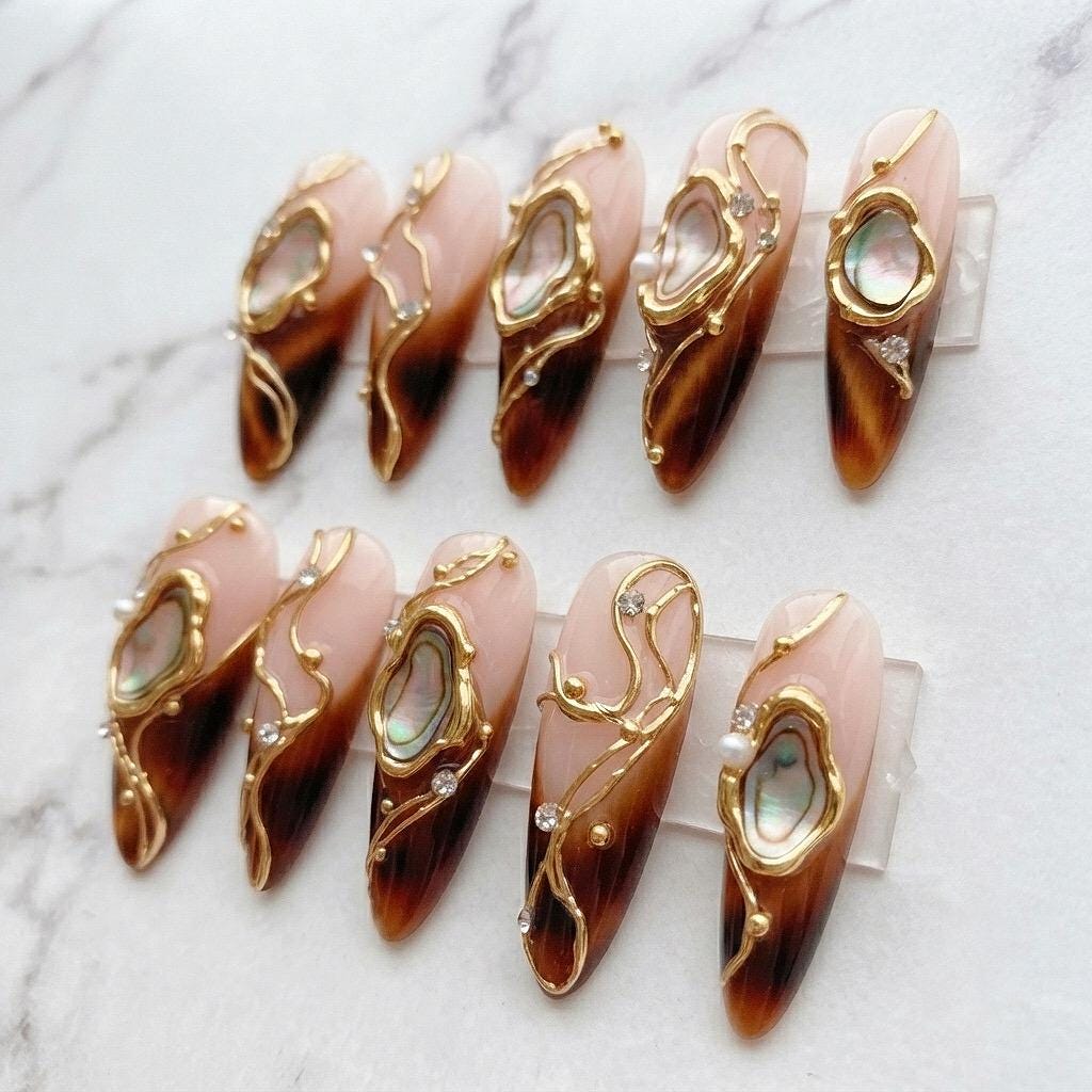 Tortoise Shell Press-On Nails with Iridescent Shell Insets and Gold Details