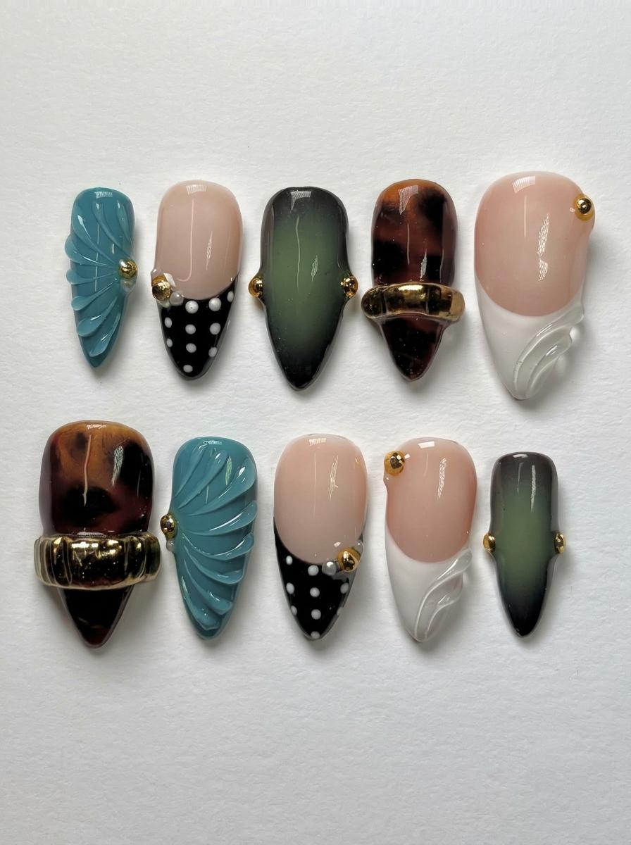 Tortoiseshell and Teal 3D Polka Dot Nail Set