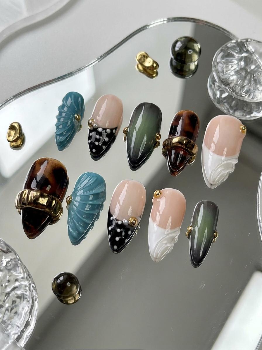 Tortoiseshell and Teal 3D Polka Dot Nail Set