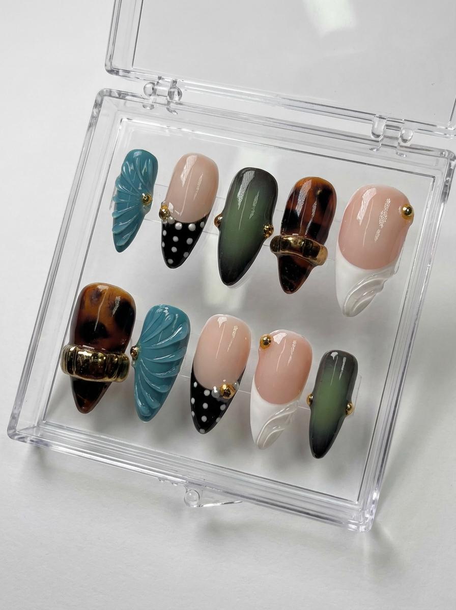 Tortoiseshell and Teal 3D Polka Dot Nail Set