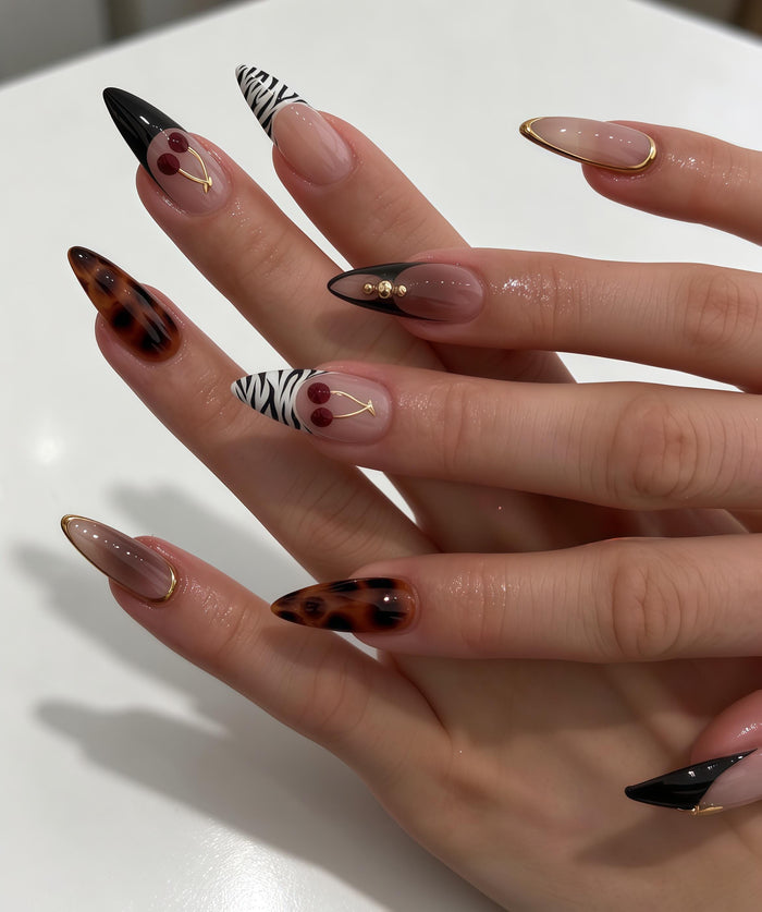 Tortoiseshell and Zebra Cherry Press On Nails with Gold Accents