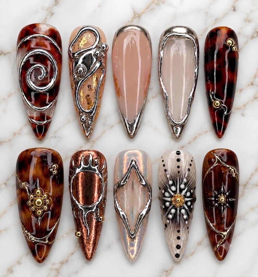 Tortoiseshell Chrome Press On Nails With Ornate Metallic Swirls