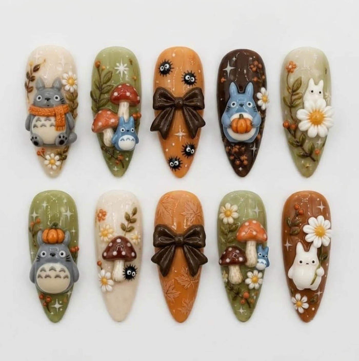Totoro Character Autumn Woodland Press-On Nails with Mushrooms and Brown Bows