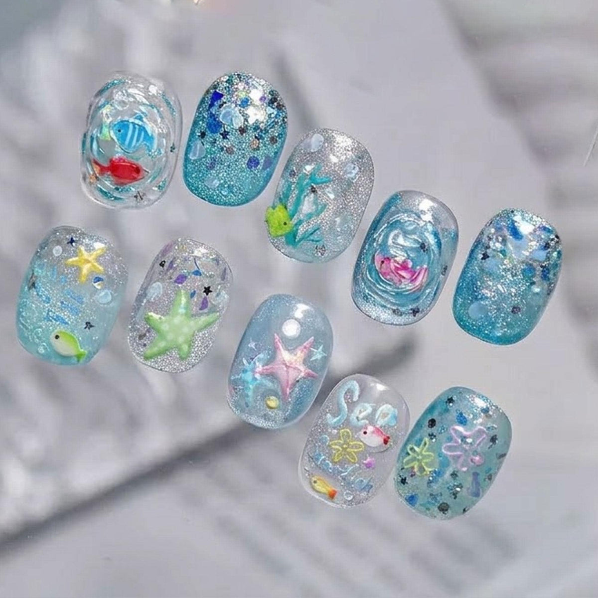 Translucent Aqua Ocean Life Glitter Press-On Nail Set