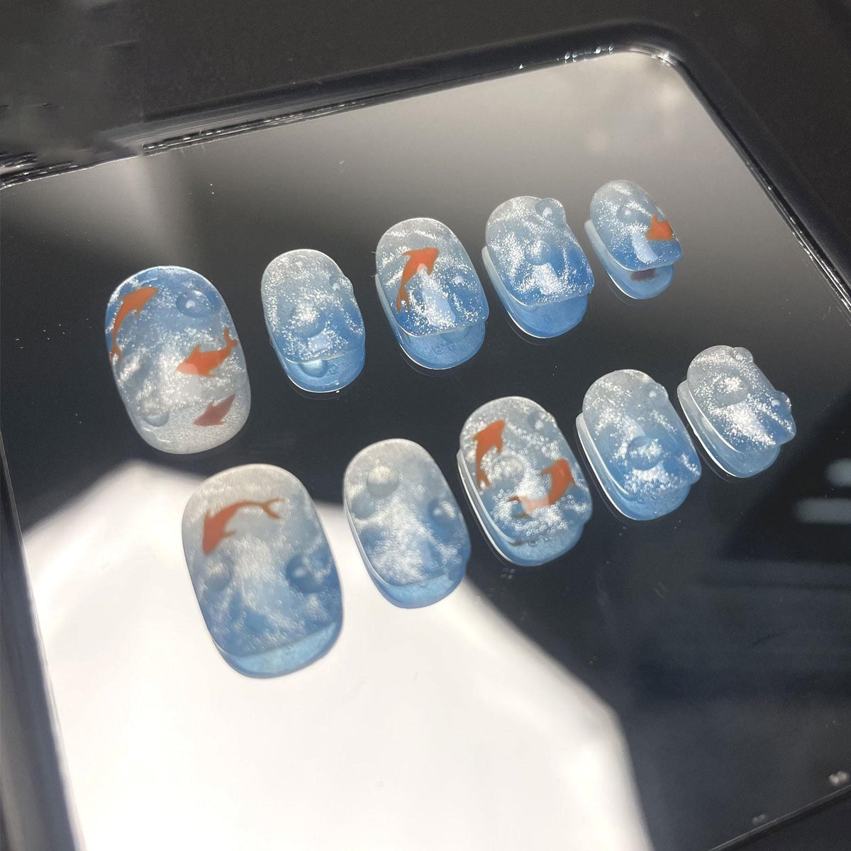 Translucent Blue Goldfish Water Pattern Nail Set