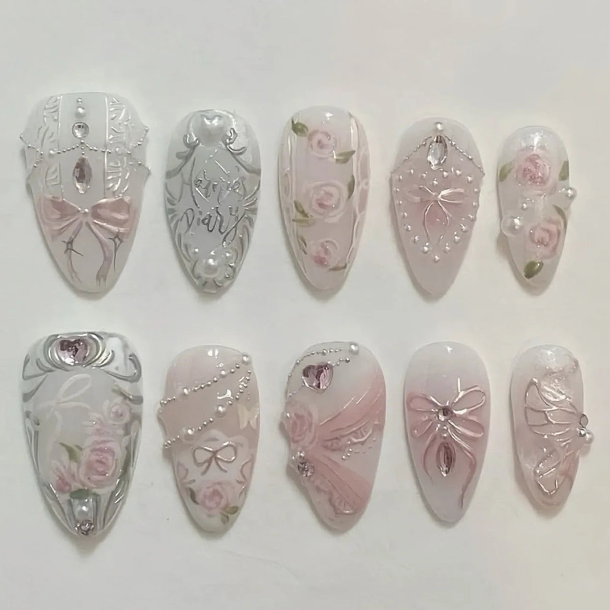Translucent Blush Pink and Ivory Rose Bow Pearl Nail Set