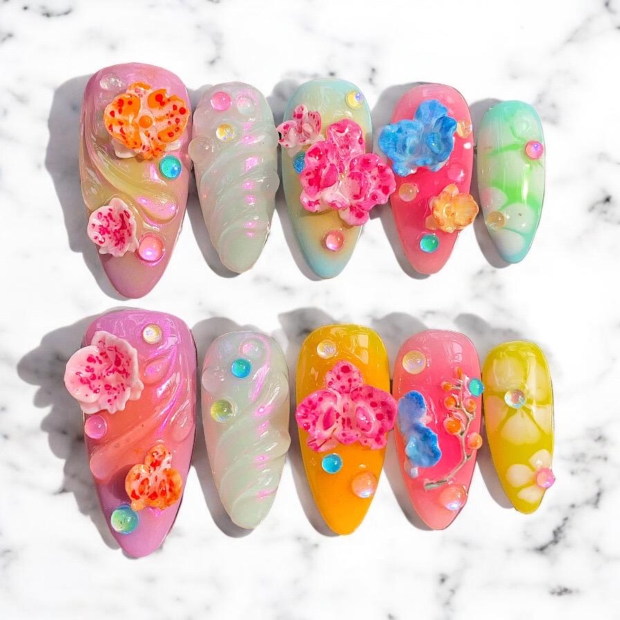 Translucent Pastel Tropical Floral Press On Nails with Pearly Swirls and Colorful Gems