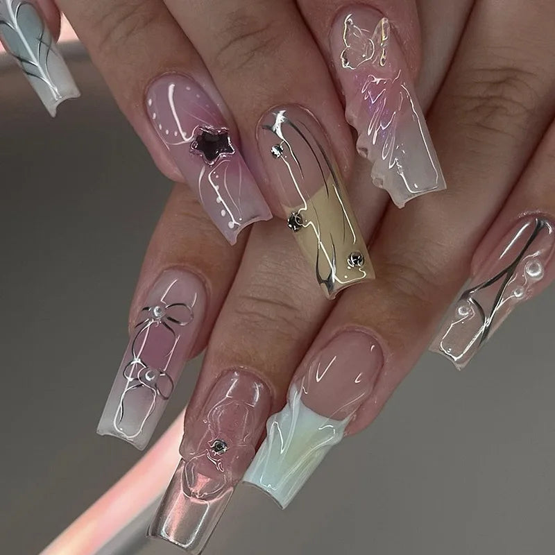 Translucent Pink and Clear Chrome Bow Charm Nail Set