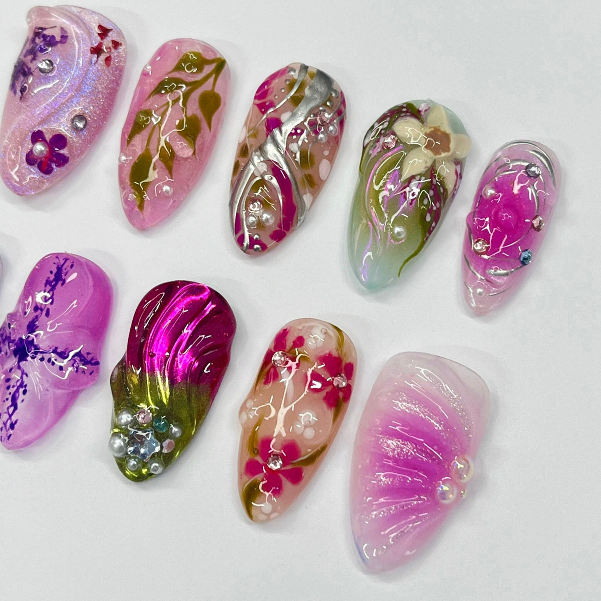 Translucent Pink and Lilac Floral Press On Nails With 3D Flowers and Rhinestones
