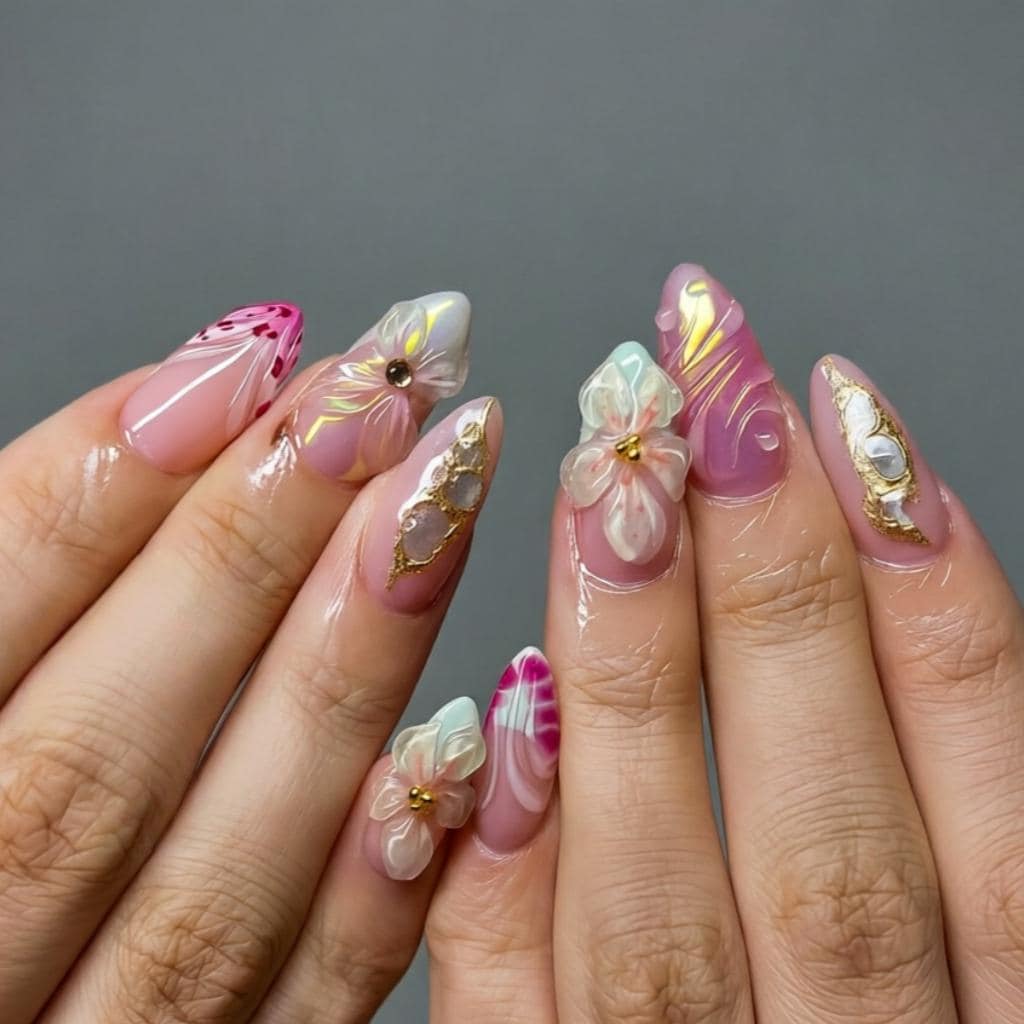Translucent Pink and White Floral Nails with 3D Flowers and Gold Linework