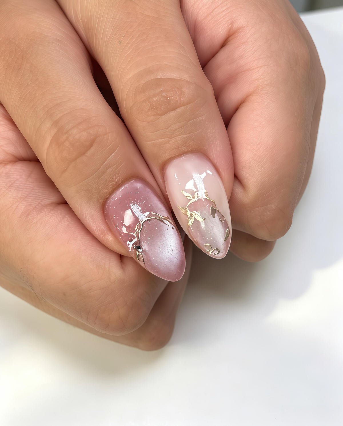 Translucent Pink Floral French Tip Press On Nail Set With Gold Details