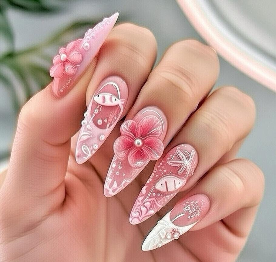 Translucent Pink Floral Press On Nails With Raised Flowers And Pearl Details