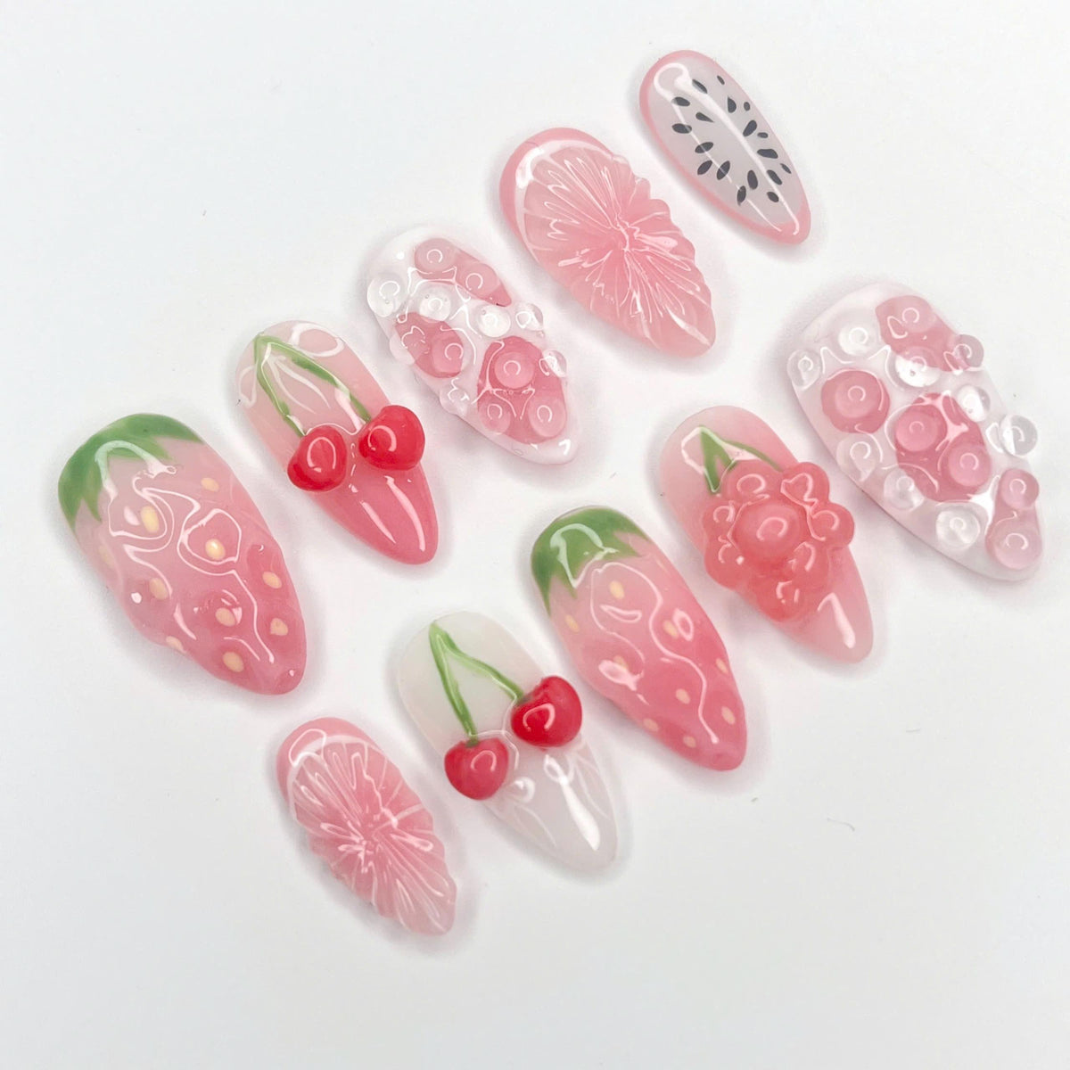 Translucent Pink Fruit Press-On Nails With 3D Strawberries, Cherries and Floral Details