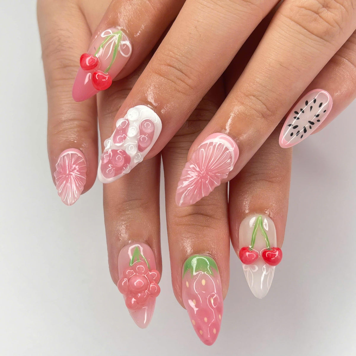 Translucent Pink Fruit Press-On Nails With 3D Strawberries, Cherries and Floral Details
