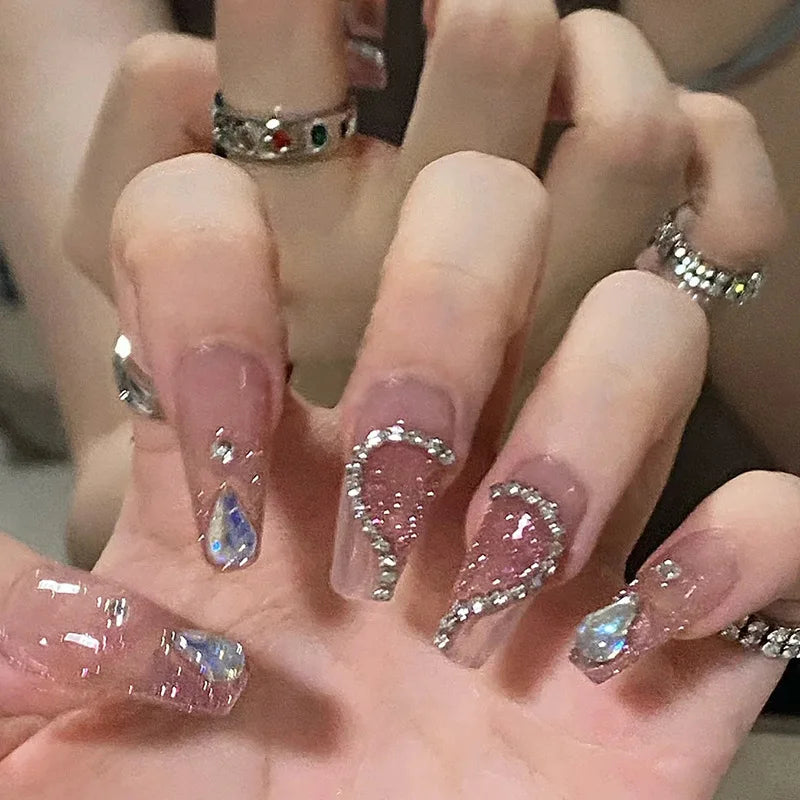 Translucent Pink Glitter Heart Press On Nails With Rhinestone Details