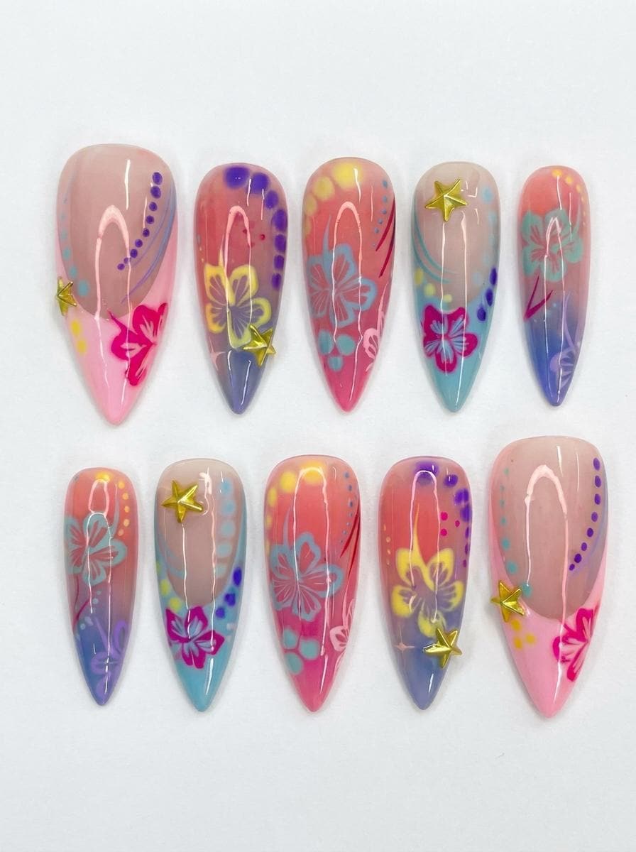 Translucent Tropical Hibiscus Press On Nails With Gold Star Charms