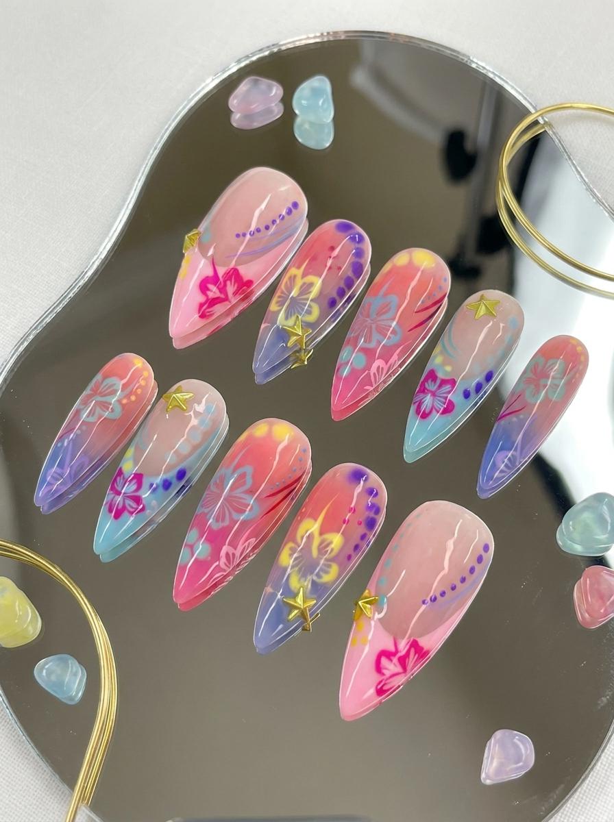 Translucent Tropical Hibiscus Press On Nails With Gold Star Charms