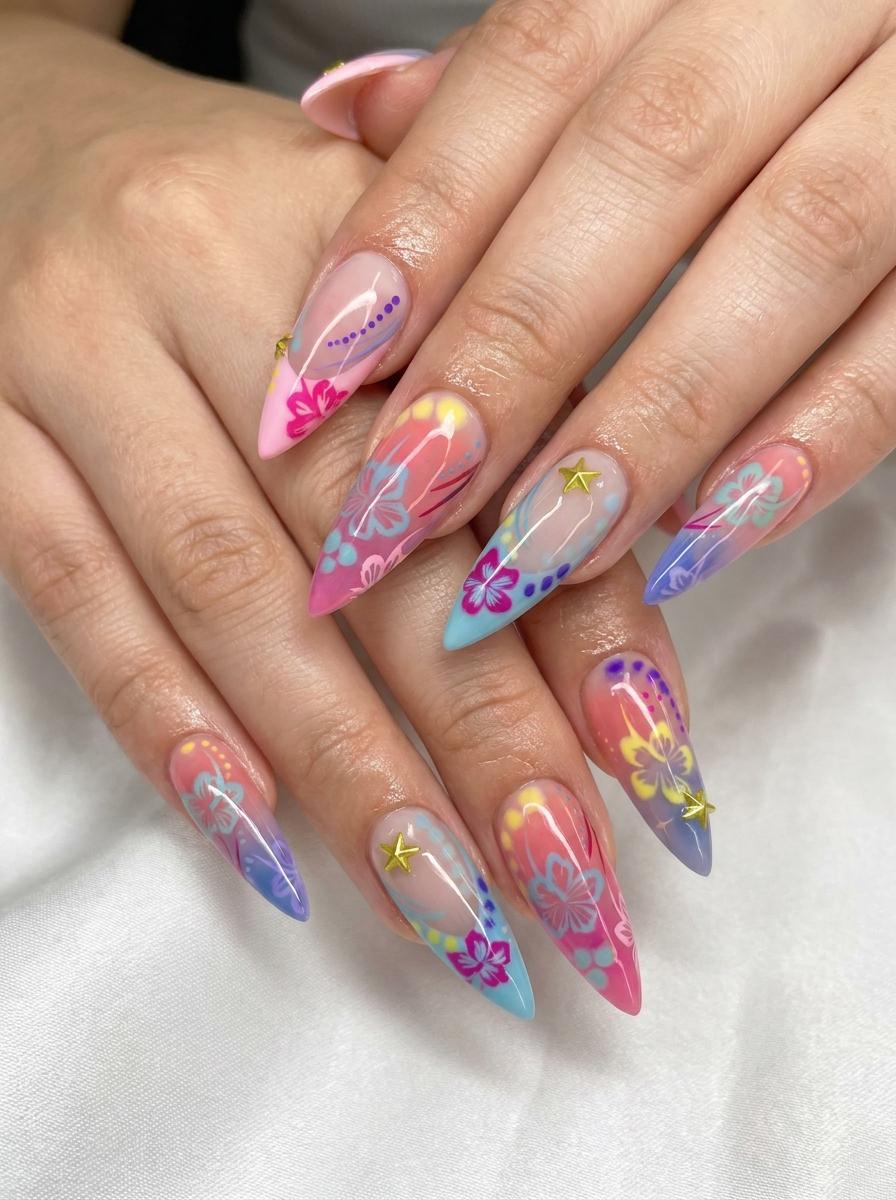 Translucent Tropical Hibiscus Press On Nails With Gold Star Charms