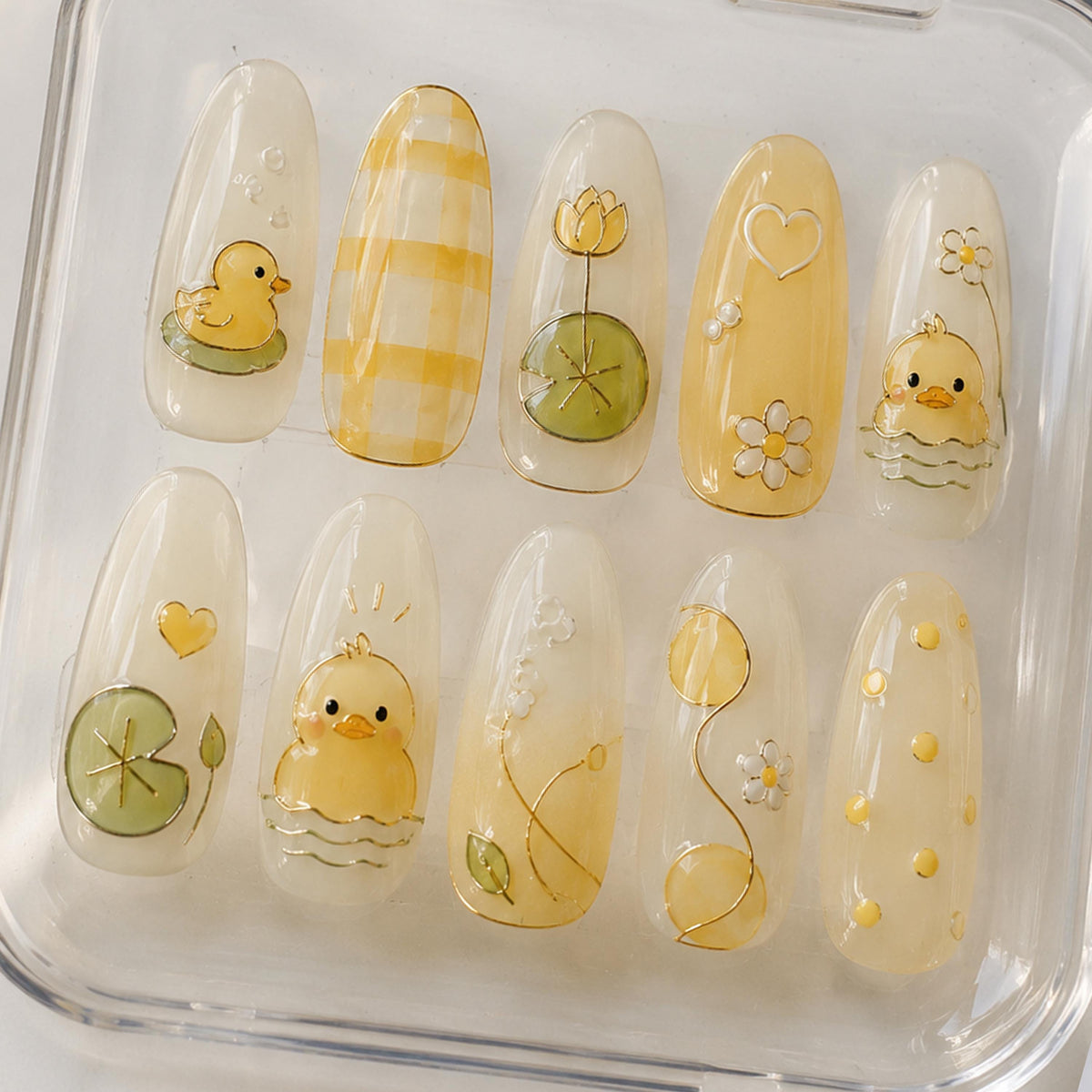 Translucent Yellow Duckling, Daisy, and Gingham Spring Nail Set