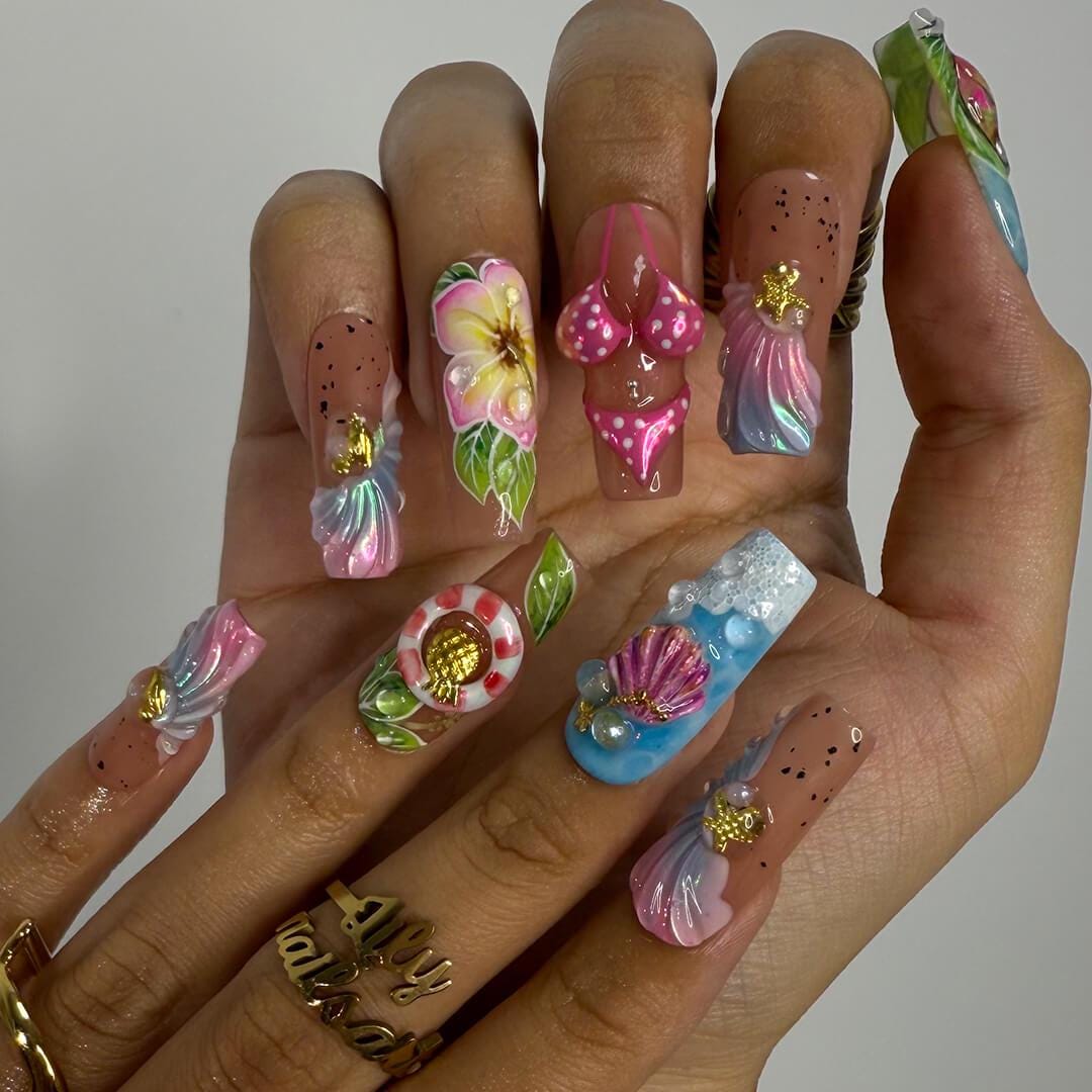 Tropical Beach Press On Nails with Plumerias, Seashells and 3D Bikini Details
