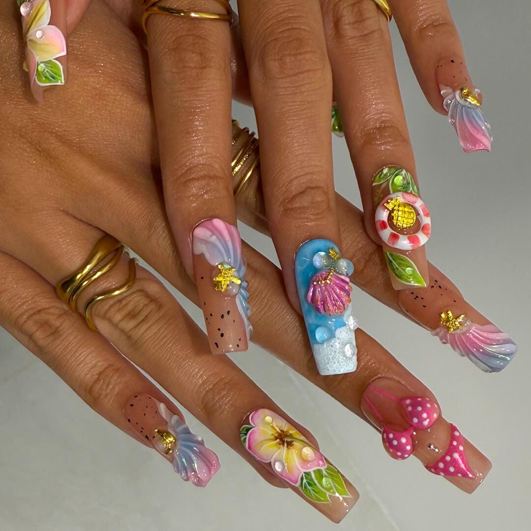 Tropical Beach Press On Nails with Plumerias, Seashells and 3D Bikini Details
