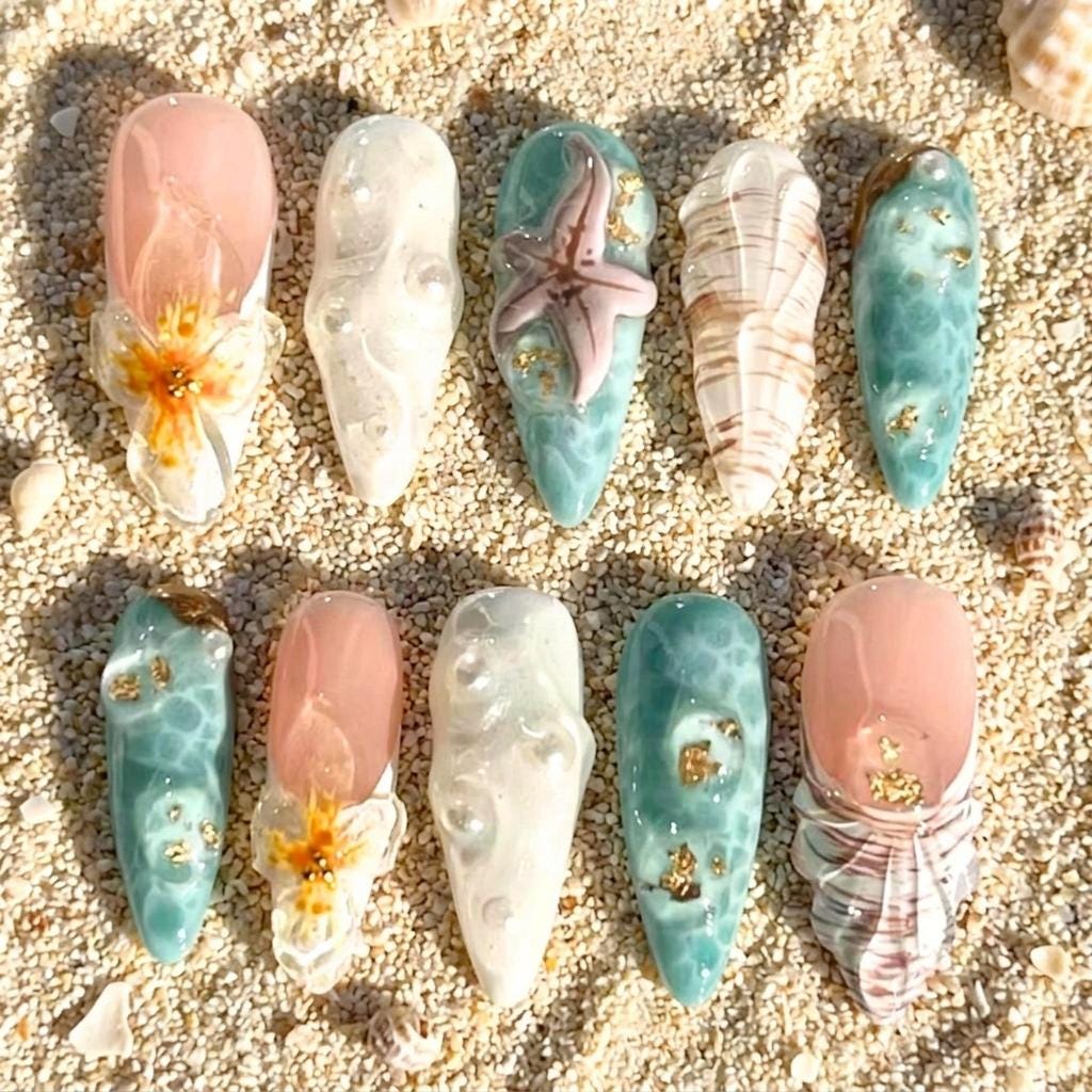 Tropical Beach Seashell and Starfish Press On Nails With Floral and Pearl Details