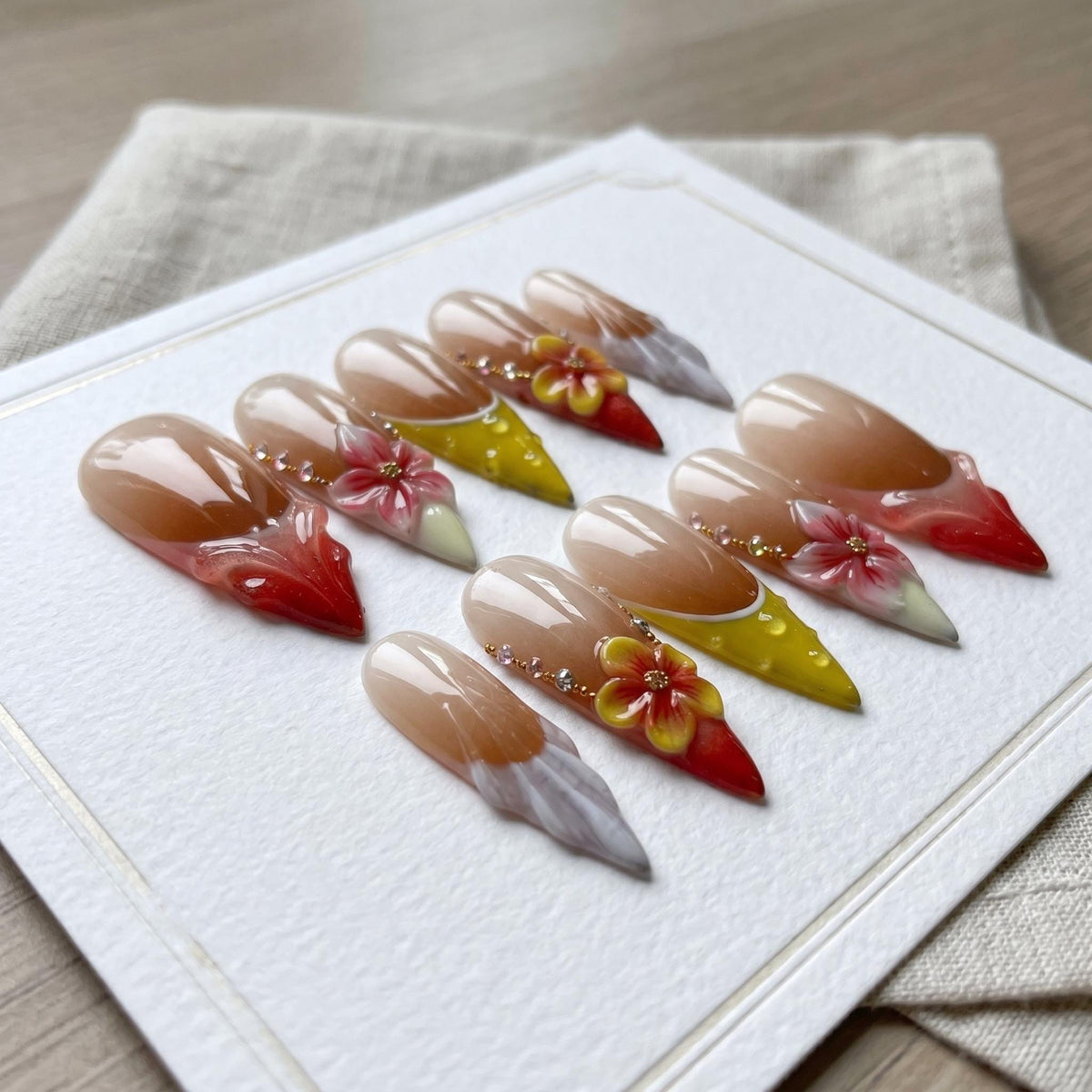 Tropical Floral Summer French Tip Press On Nails With 3D Flowers and Rhinestones