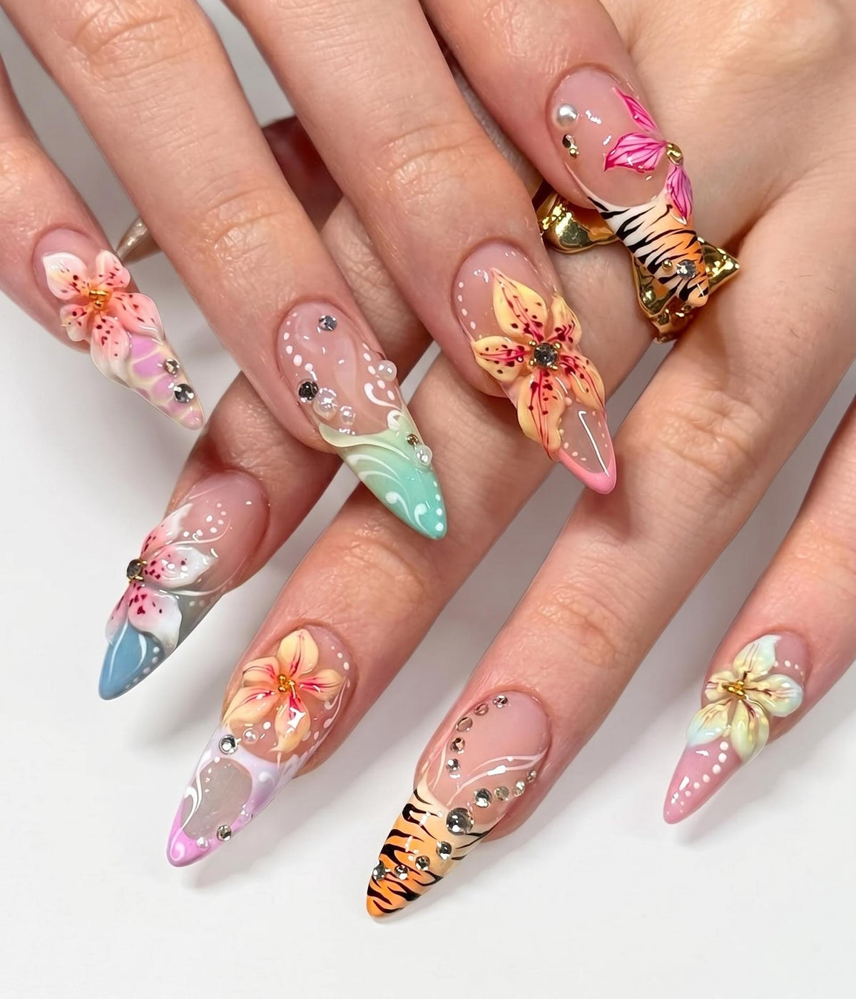 Tropical Floral Tiger Stripe Nails with Rhinestones