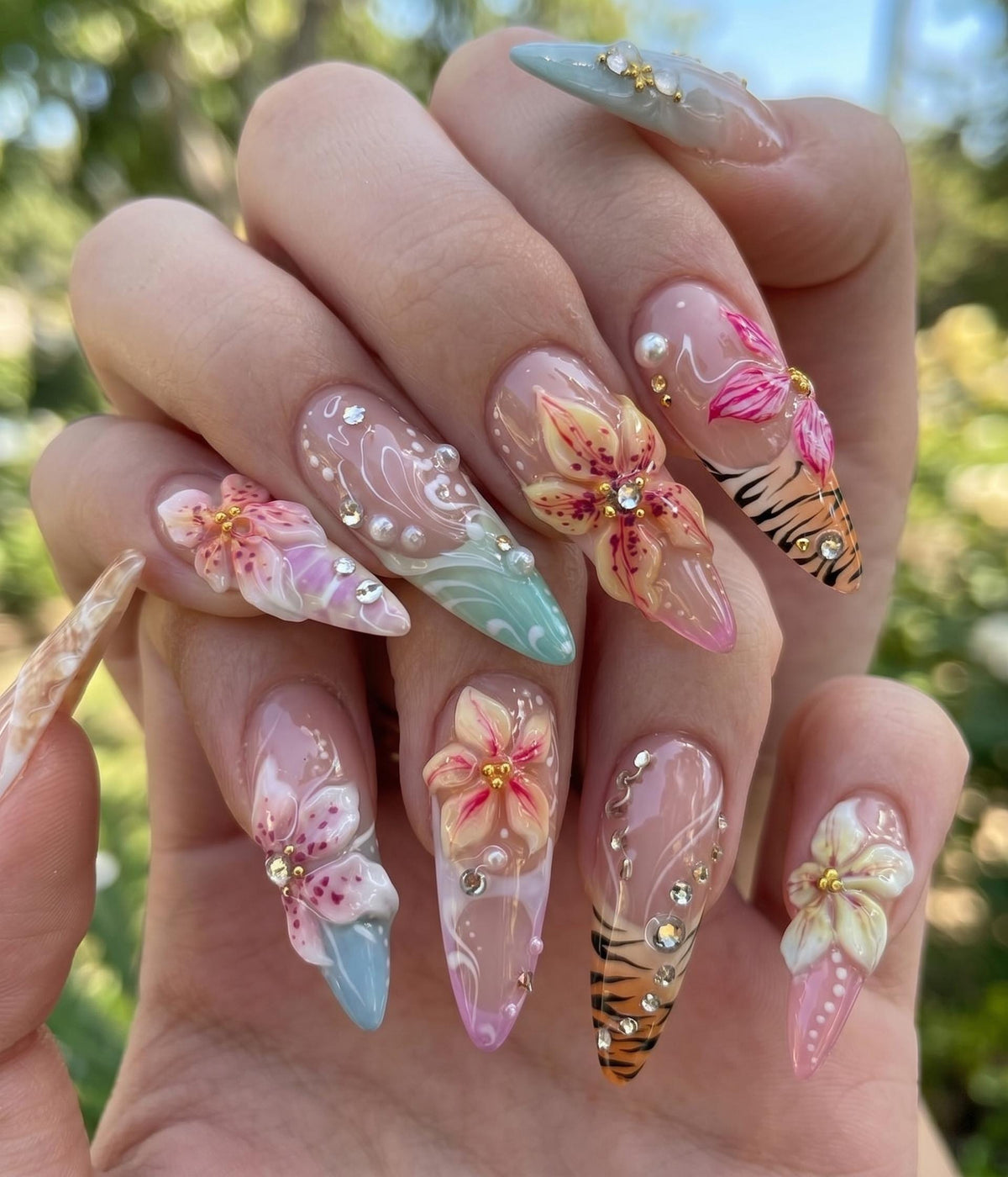 Tropical Floral Tiger Stripe Nails with Rhinestones