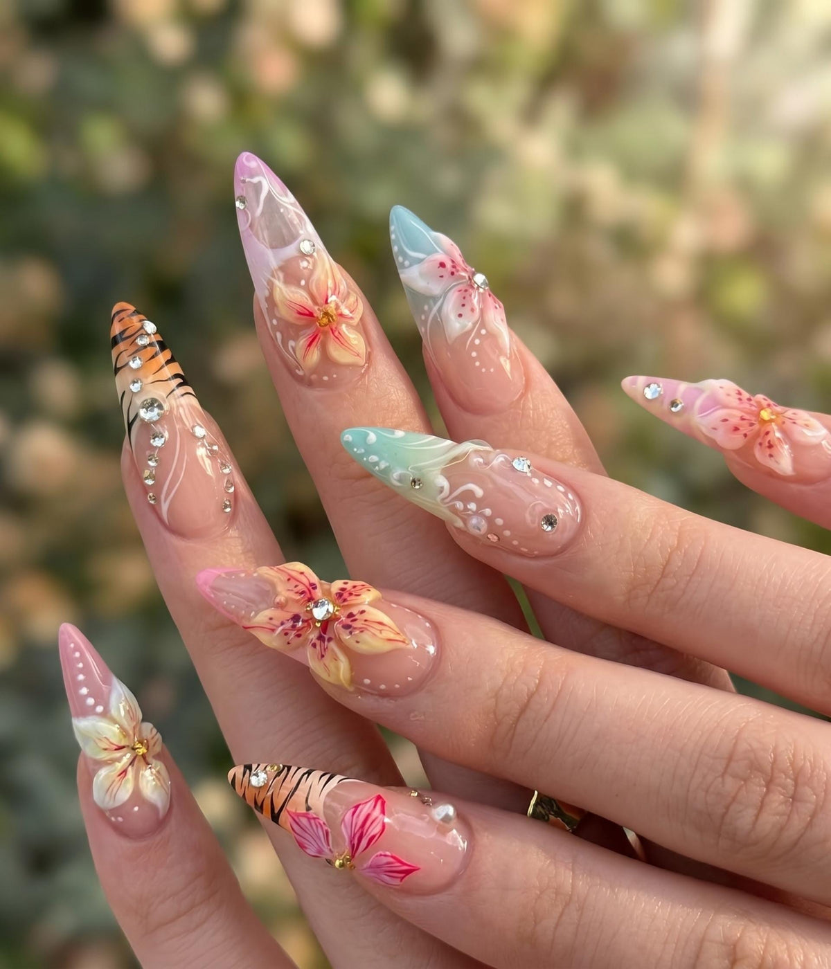 Tropical Floral Tiger Stripe Nails with Rhinestones