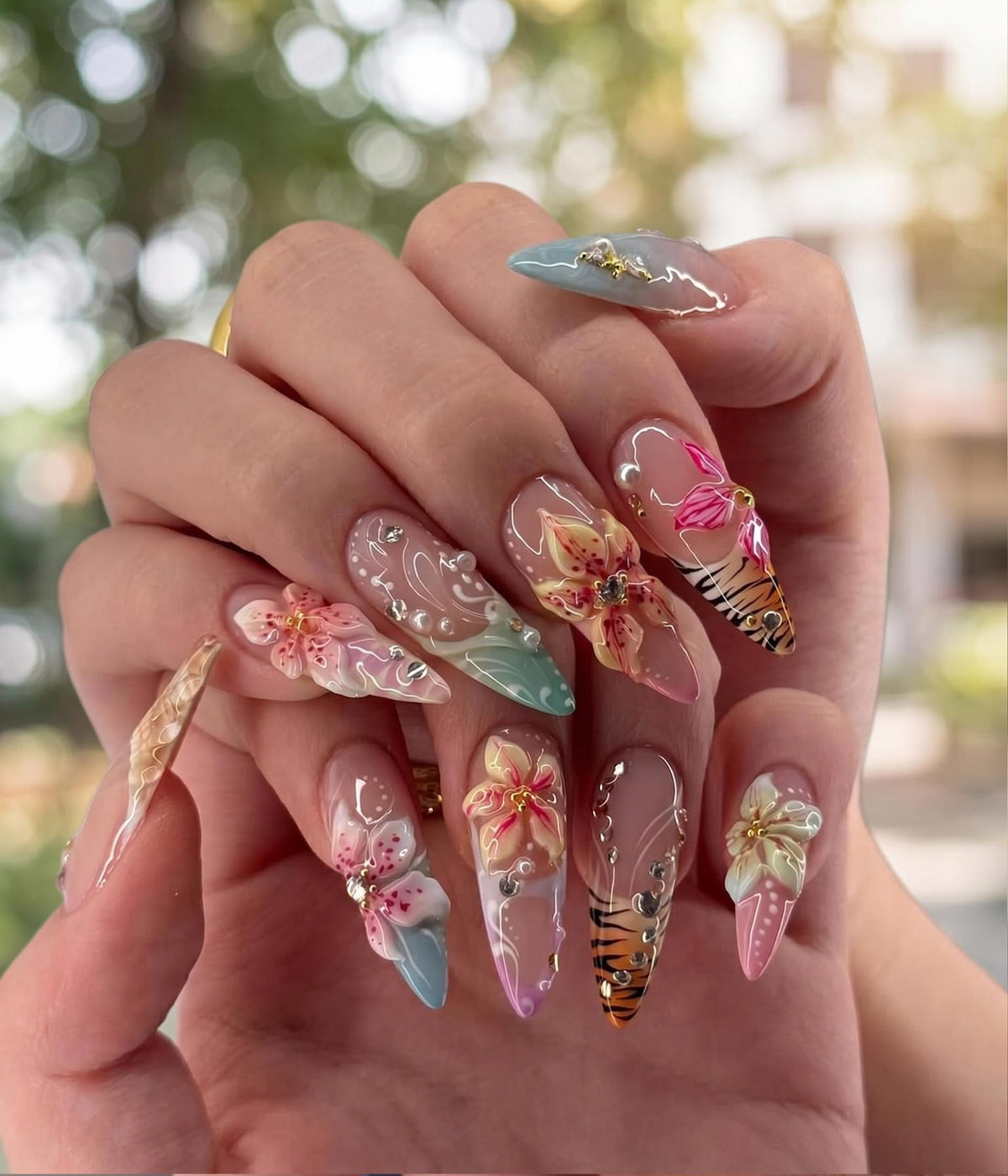 Tropical Floral Tiger Stripe Nails with Rhinestones