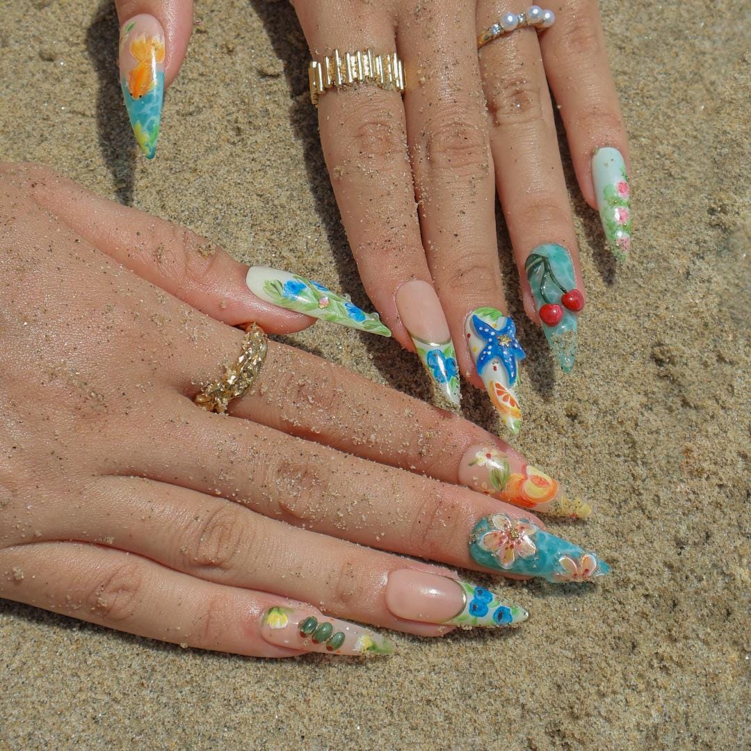 Tropical Flower and Ocean Accent Press On Nails with Starfish and Cherries