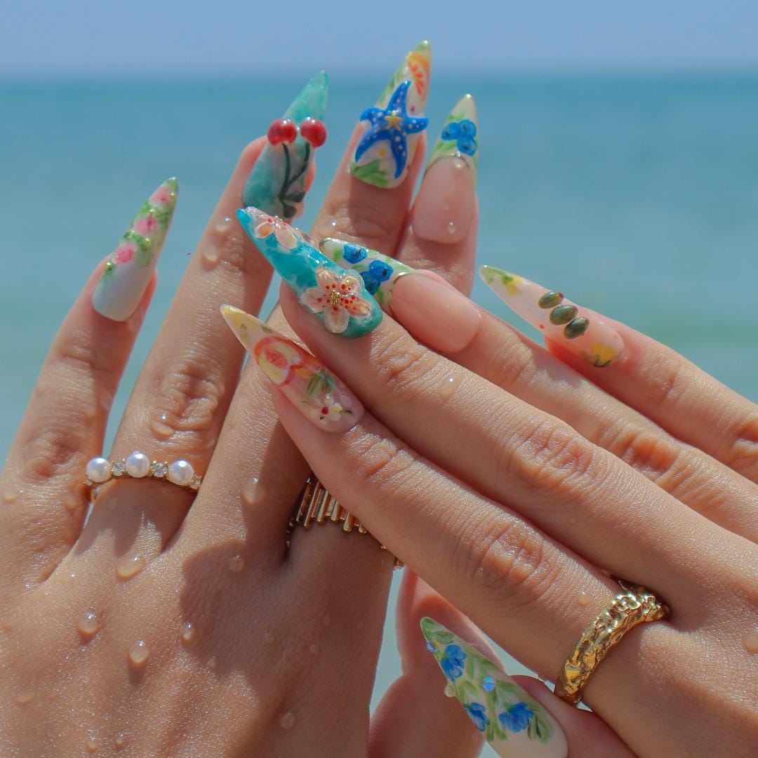 Tropical Flower and Ocean Accent Press On Nails with Starfish and Cherries