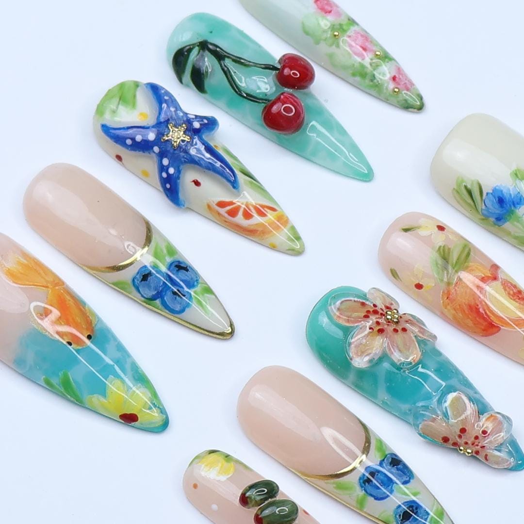 Tropical Flower and Ocean Accent Press On Nails with Starfish and Cherries
