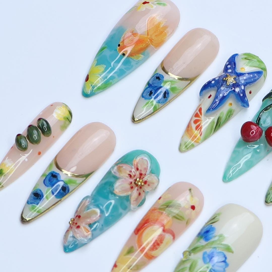Tropical Flower and Ocean Accent Press On Nails with Starfish and Cherries