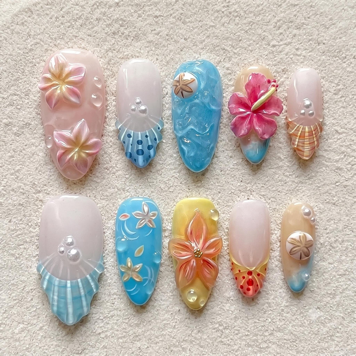 Tropical Flower and Ocean Wave Press On Nails with 3D Blooms