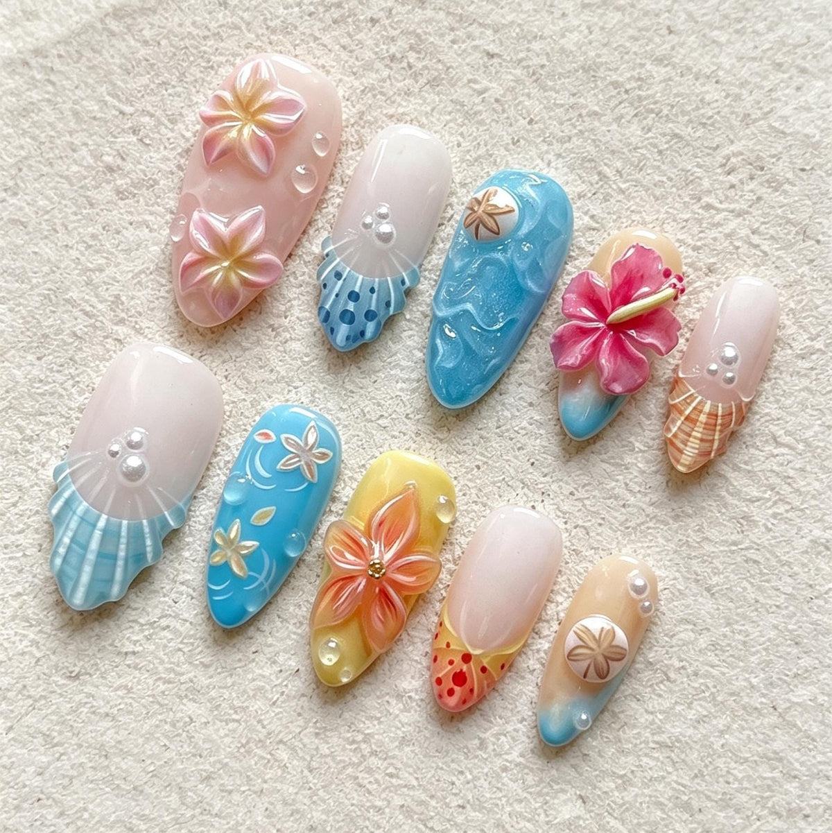 Tropical Flower and Ocean Wave Press On Nails with 3D Blooms