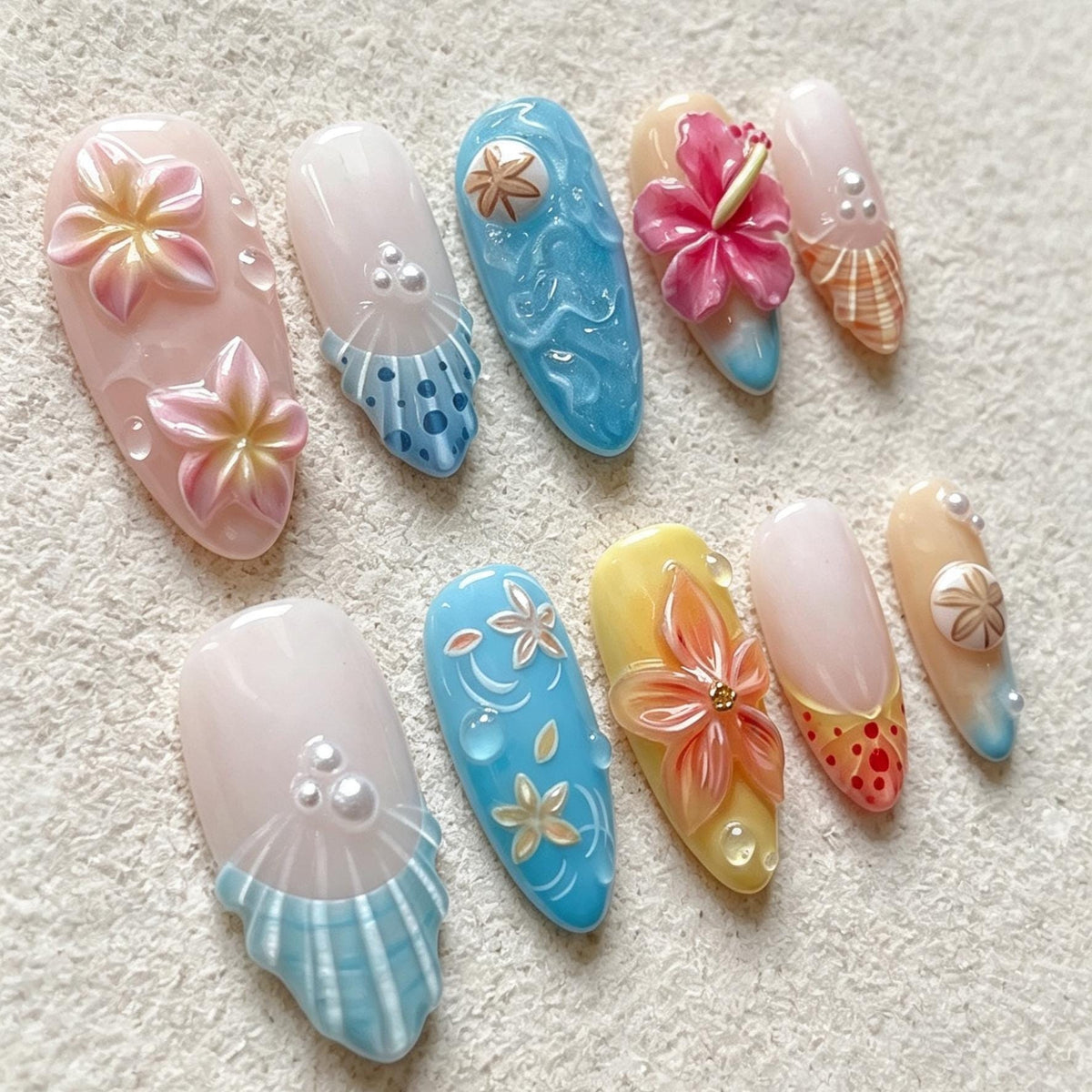 Tropical Flower and Ocean Wave Press On Nails with 3D Blooms