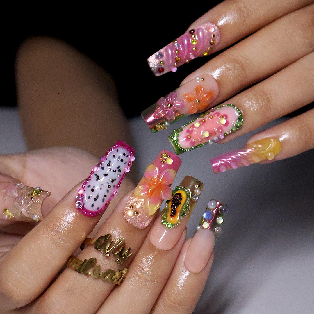 Tropical Fruit and Flower Press On Nails with Pearls and Colorful Rhinestones