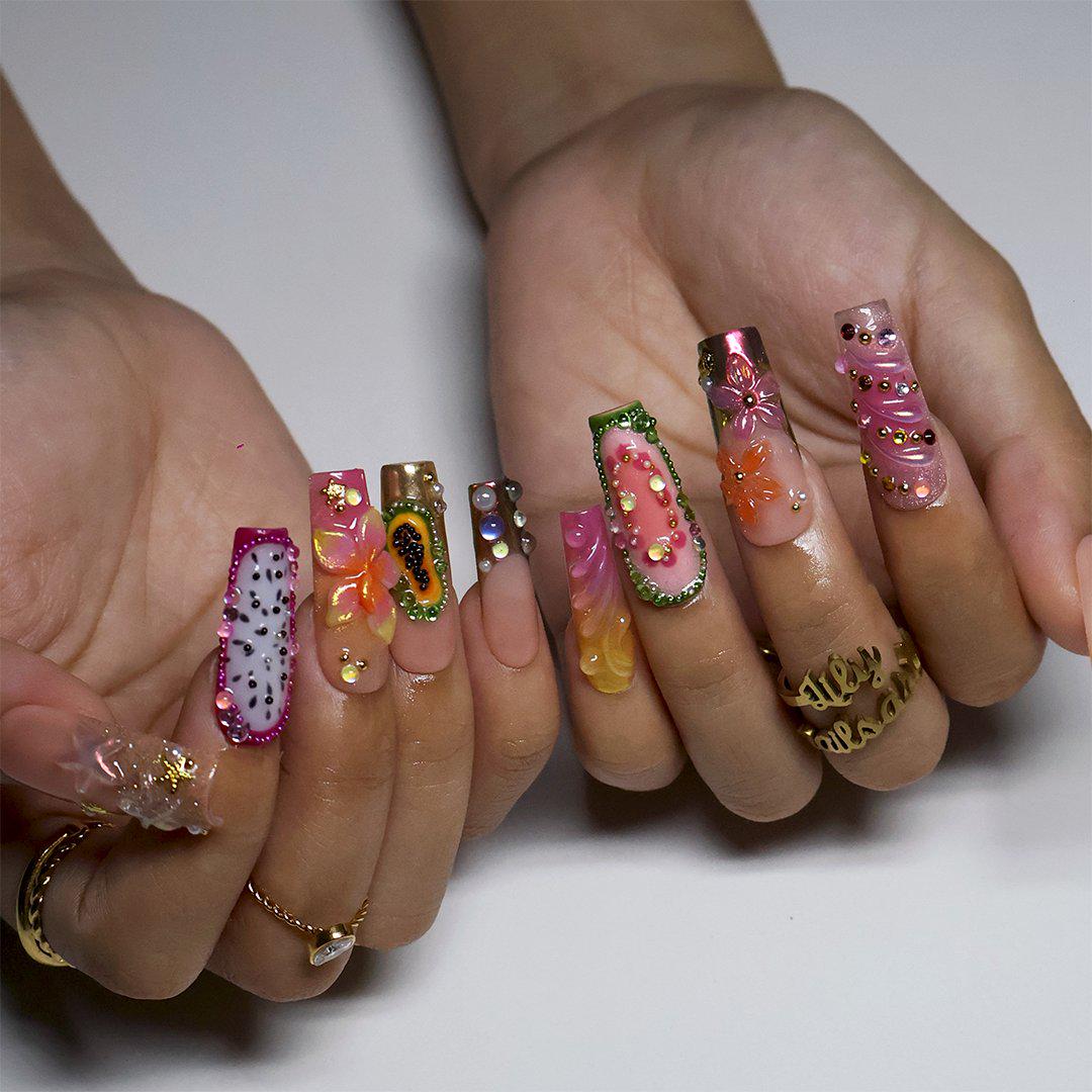Tropical Fruit and Flower Press On Nails with Pearls and Colorful Rhinestones
