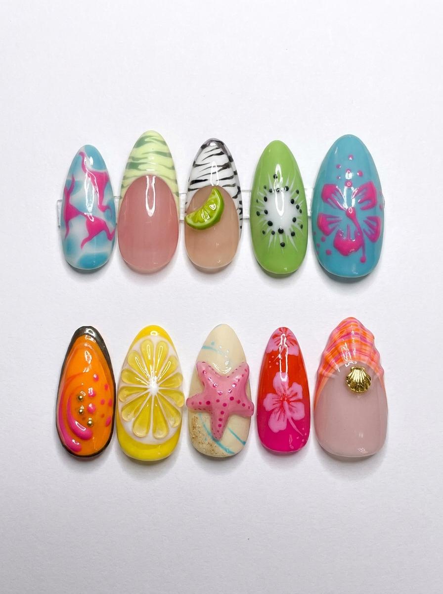 Tropical Fruit and Hibiscus Nails with 3D Starfish and Gold Shell