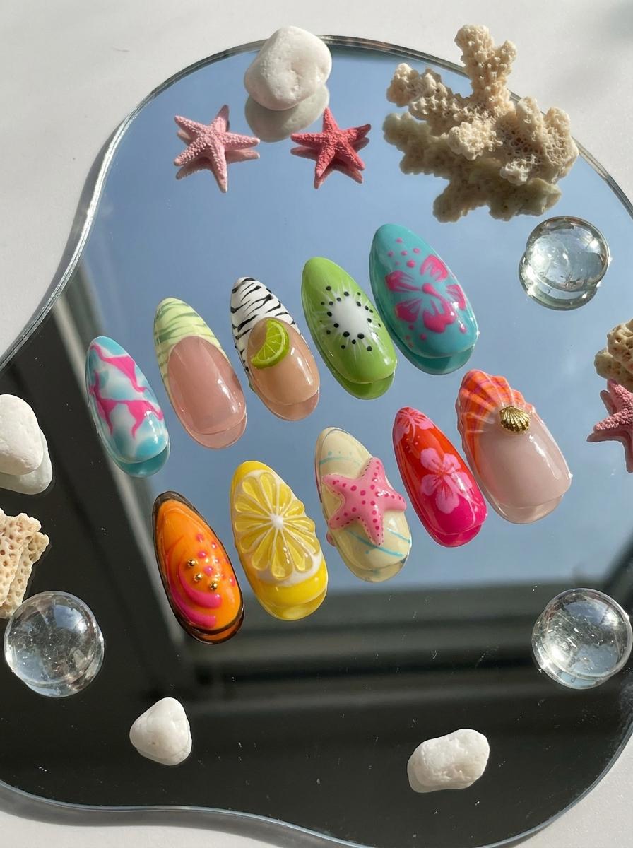 Tropical Fruit and Hibiscus Nails with 3D Starfish and Gold Shell
