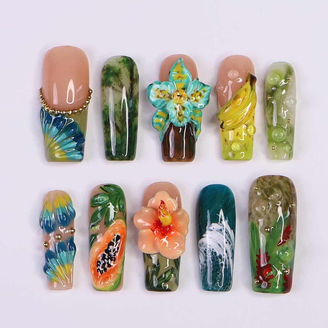 Tropical Fruit and Raised Flower Press-On Nails in Green, Teal, and Peach