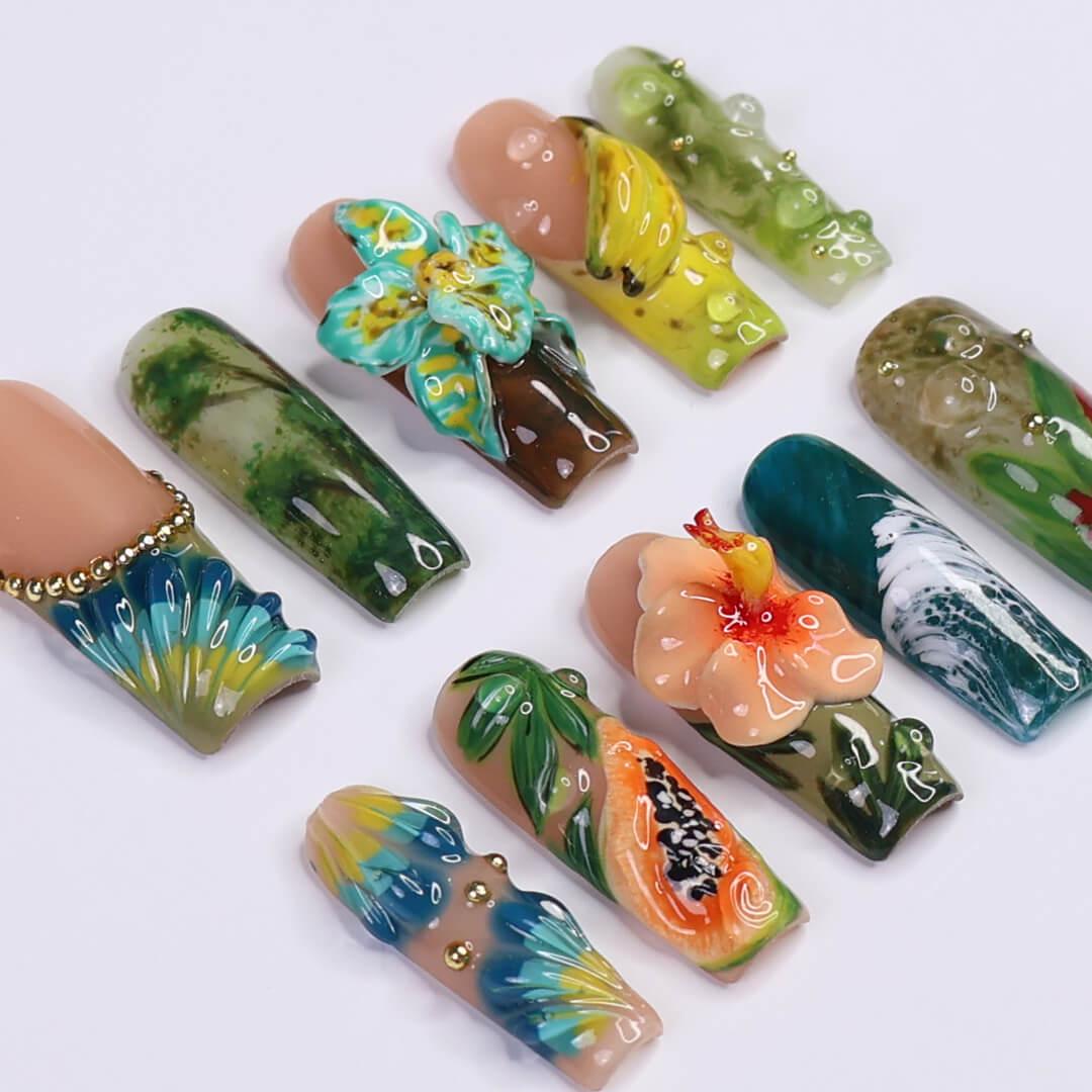 Tropical Fruit and Raised Flower Press-On Nails in Green, Teal, and Peach