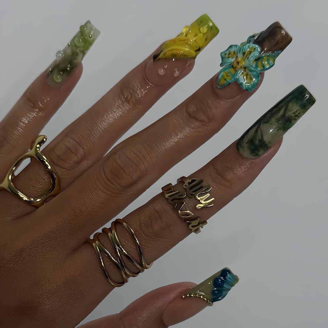 Tropical Fruit and Raised Flower Press-On Nails in Green, Teal, and Peach